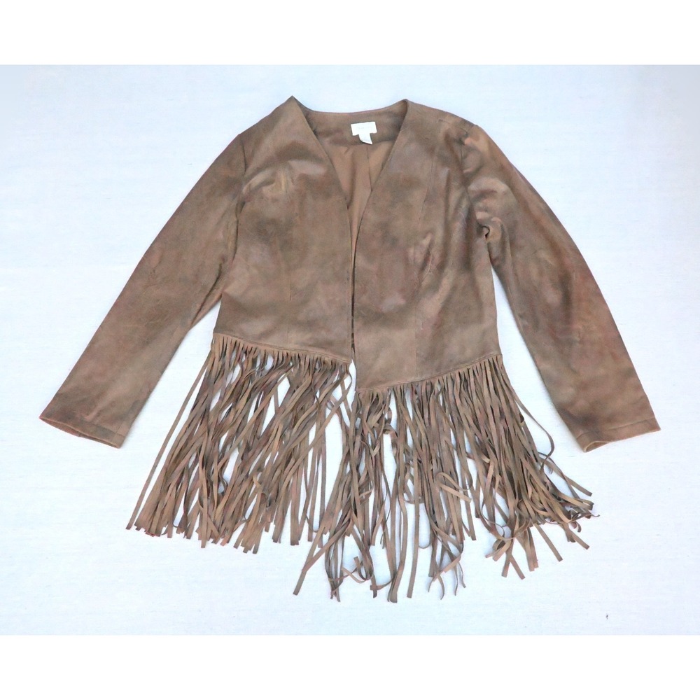 Chicos Womens 2 Brown Faux Suede Long Fringe Jacket Collarless Lined Western